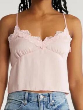 Abound NEW PINK SATIN lace trim cropped cami tank slip top thin straps women’s M